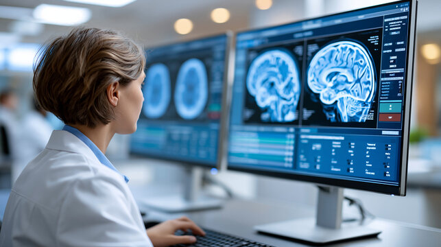 Modern medical facility with brain scan images displayed on multiple monitors, advanced neurological imaging and diagnostic technology concept, defocused, with copy space