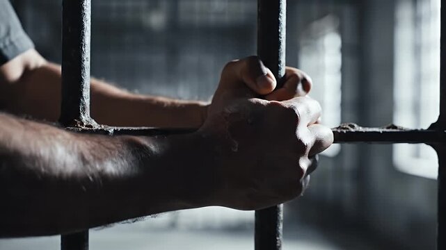 Close-up on a prisoner's hands gripping rusty cell bars in a dark, stark environment