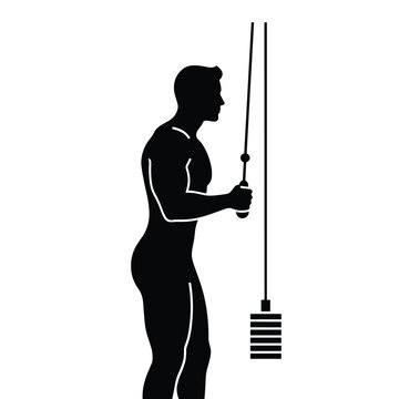 Silhouette of a man performing a triceps pushdown on a cable machine, emphasizing arm strength and muscle isolation in a gym workout.