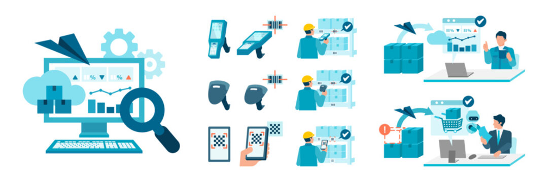 A businessman optimizing inventory management workflows and warehouse automation processes while checking operational stock metrics on a desktop computer screen