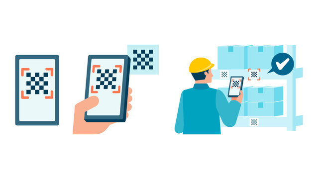 An inventory control specialist using a smartphone smart terminal to scan QR codes for high speed warehouse automation and digital stock check synchronization