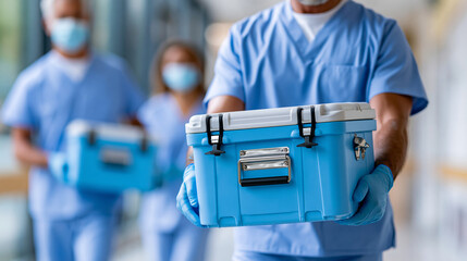 Naklejka premium Medical team in scrubs and gloves carrying an organ transport cooler through a hospital corridor, organ transplant surgery and urgent care concept, faceless, defocused, with copy
