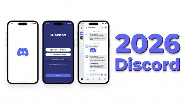 Discord app UI UX mockup with smartphone iPhone 16 pro max template, social media discord chat interface, mobile application login screen, splash page design, messaging platform user interface