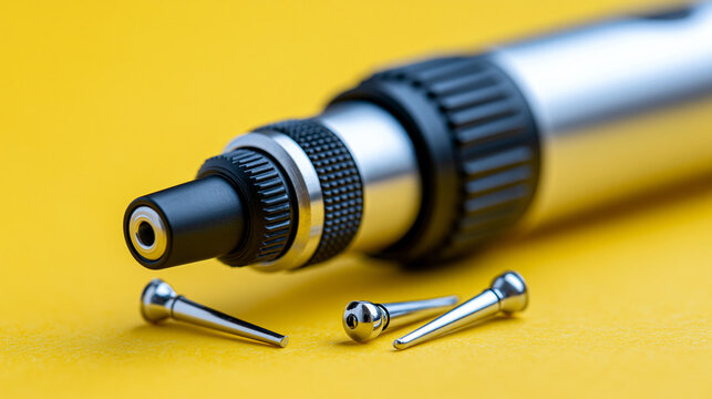 Modern otoscope and ear speculums on a bright yellow background, hearing examination and ENT medical equipment concept, defocused, with copy space