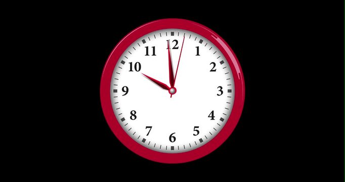 Red wall clock ticking fast forward, time passing concept.