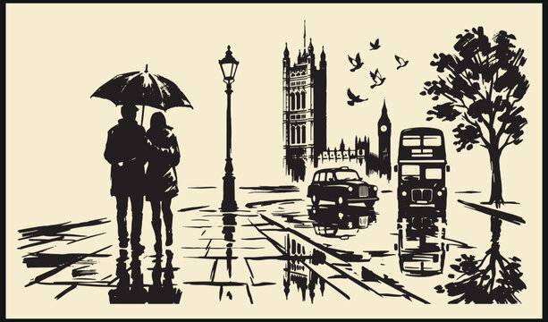 Romantic rainy London cityscape with couple under umbrella near big ben palace of westminster and double decker bus in atmospheric black and white illustration