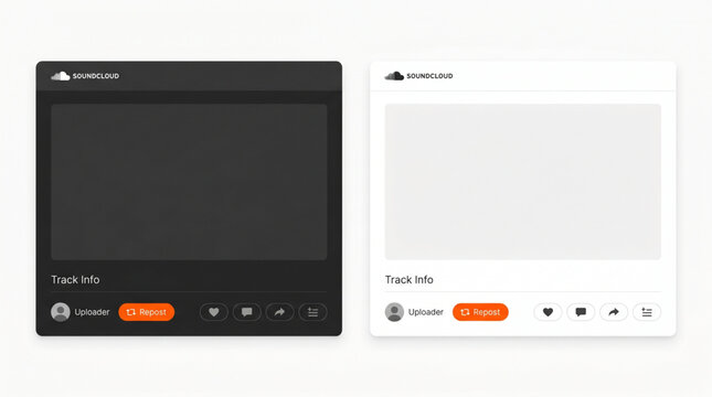 SoundCloud music streaming service interface mockup featuring dark and light mode themes, playlist track info display, uploader profile, repost button, share icons, and audio playback screen UI.