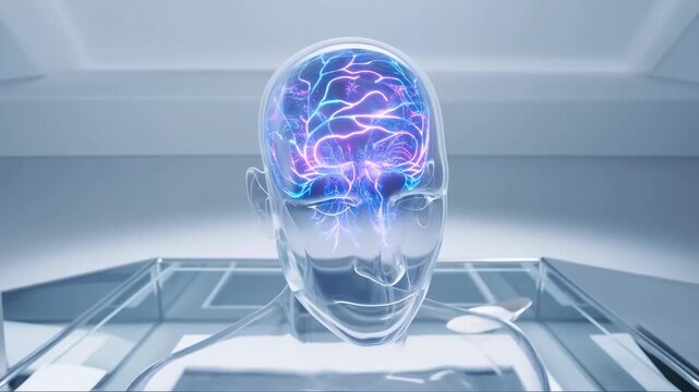 Glowing transparent human head in futuristic room