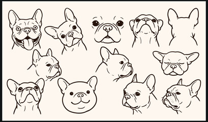 French bulldog heads in varied angles and expressive line art showing distinctive features with upright ears and wrinkled face © Abdul Waheed