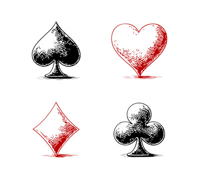Simple hand drawn playing card suit icon set, engraved casino poker gambling illustration clip art