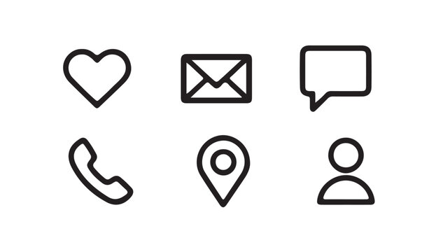 Contact us information icon set with heart envelope mail speech bubble phone and location pin mark.
