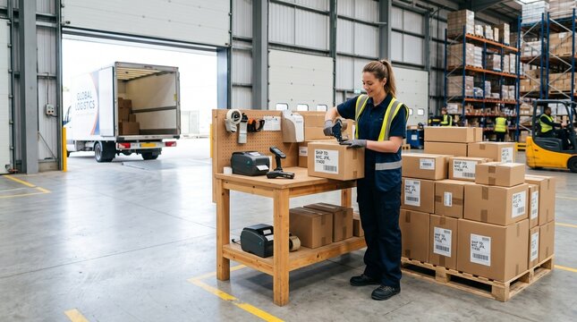 Female logistics worker efficiently scanning packages for dispatch in a modern distribution warehouse, ensuring accurate inventory management and smooth supply chain operations