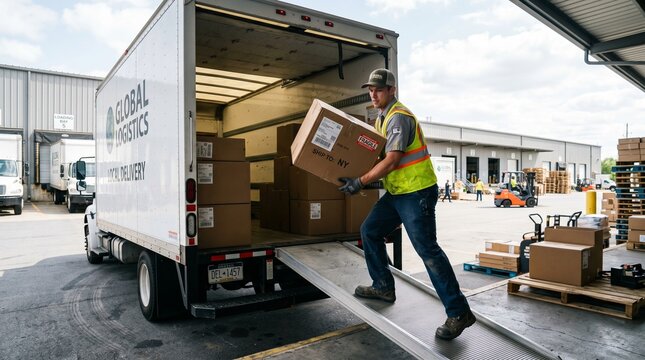 Efficient logistics worker loading cardboard boxes onto a delivery truck at a busy warehouse dock, highlighting reliable package distribution and essential supply chain operations