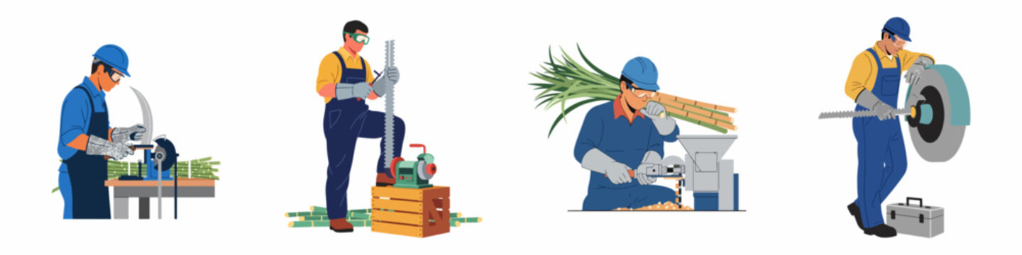 Illustration set of industrial and agricultural workers sharpening saw blades and processing sugarcane using various machinery while wearing protective gear