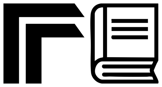 Clean black and white glyph featuring a reading tome and structural corner brackets. This simple handbook or manual symbol uses sharp geometric to represent knowledge and documentation.