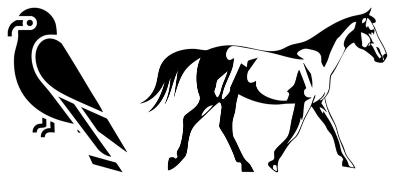 Striking stencil style composition featuring a dark corvid alongside a graceful equine silhouette. This high contrast duo captures a majestic steed and a watchful bird.