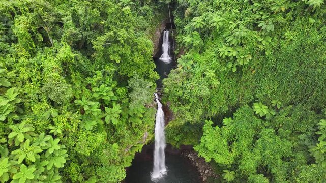 Beautiful double waterfall hidden in deep jungle. Bouma Waterfalls, Taveuni, Fiji Islands. Birds eye view
