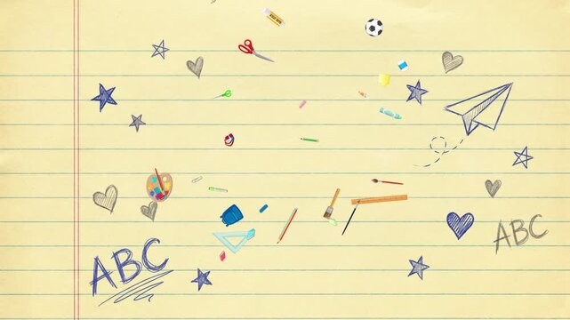 Back to school shopping promo template with supplies elements of elementary school on legal pad paper.