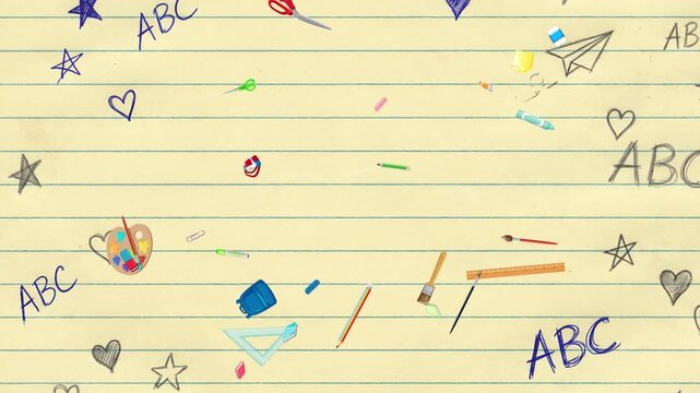Student lined notepad sheet imagination concept showing classroom essentials icon set zooming in .