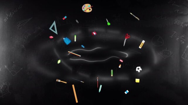 School tools looping animation with elegant side light glow on black board texture.