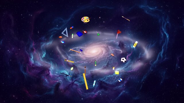 Back to school celestial graphic showing classroom elements hovering in a clean starfield environment with vibrant neon glow in space.