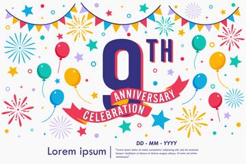 9th years anniversary celebration emblem logo isolated with balloons, bunting flag, ribbon, fireworks and stars. vector illustration template design for web, flyers, poster, greeting card © thitiwat