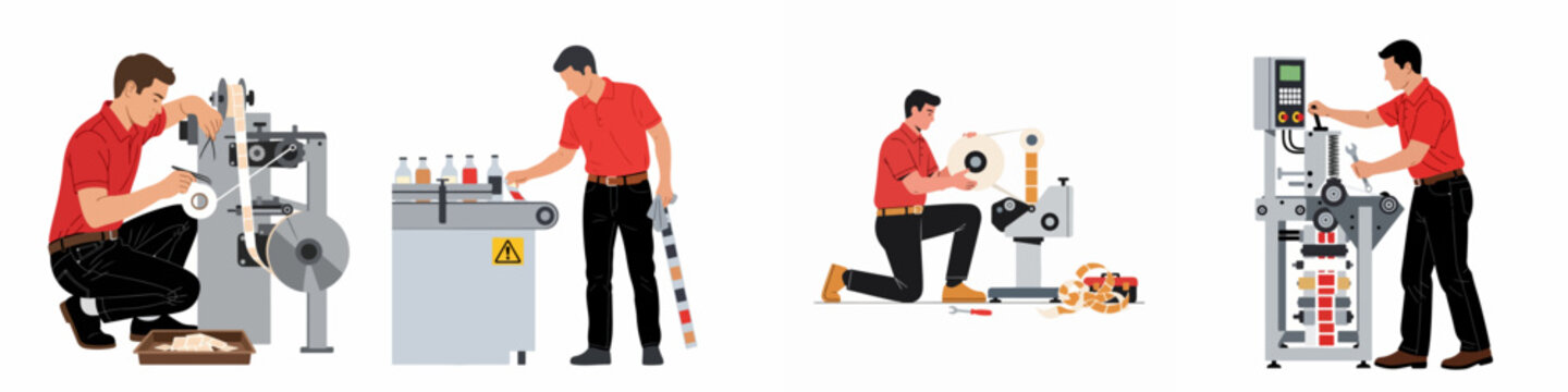 Set of illustrations depicting factory workers operating, maintaining, and repairing industrial labeling and packaging machinery on a white background.