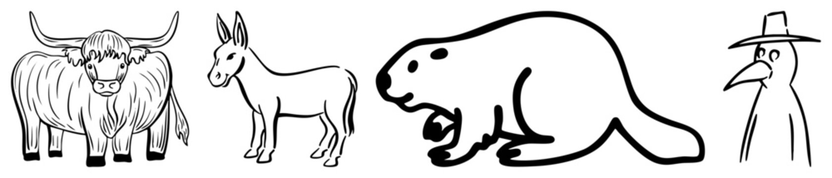 This set features a rugged highland cow, a small, a chubby beaver, and a tall bird. These simple ink sketches showcase a cute and woodland creature aesthetic.