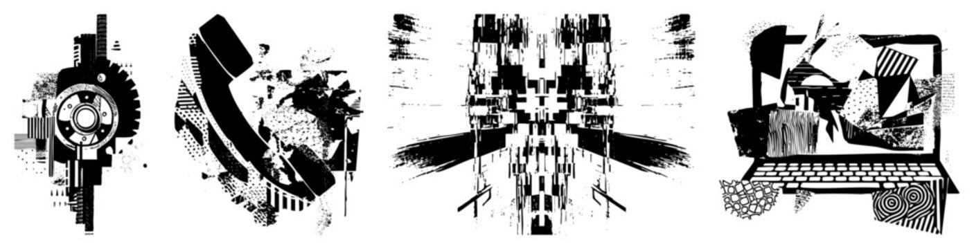 Gritty assemblage of digital distortion, incorporating a handset, computer, and hardware components. This punk style mashup uses broken tech, cyber artifacts, and distorted hardware.