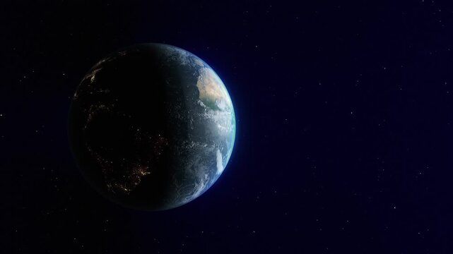 Cinematic 4K view of Earth from outer space with dramatic half-light atmosphere, glowing continents, and starry deep space background. Futuristic global planet animation.