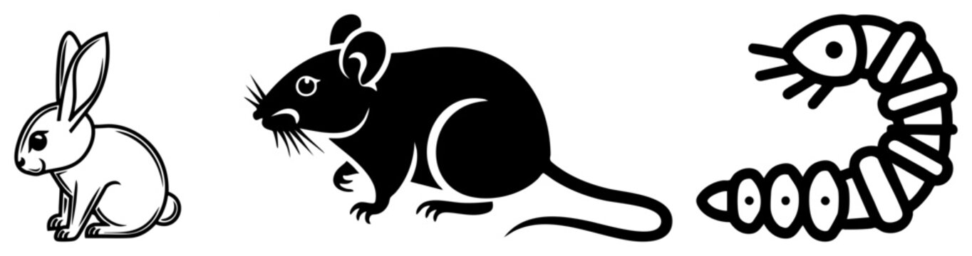Clean collection of a bunny, a little mouse, and a grub in a simple style. This set features a long tailed rodent and a segmented caterpillar rendered in stark black and white.