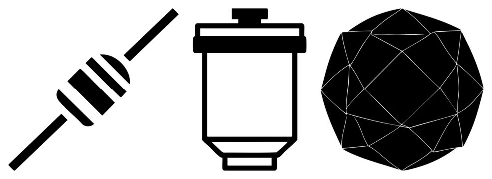 This collection features a sleek rod gadget, a container canister, and a complex polyhedral orb. These black glyphs present a clean silhouette style suitable for modern technical design.