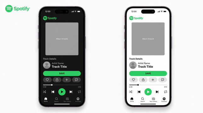Spotify music streaming service app mockup with player interface theme and light dark mode mobile display on smartphone screen template design for digital audio playback media library ui ux track
