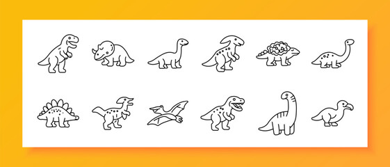 Dinosaur creatures set icon. Line icons depict various prehistoric animals including standing predator, horned reptile, long neck species, crested dinosaur, armored dinosaur, small herbivore © Кирилл Макаров