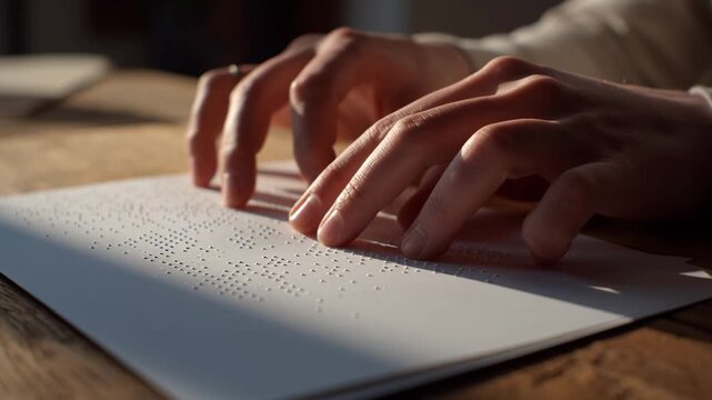 Closeup of hands reading braille on a textured paper surface.