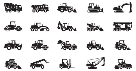 Construction heavy machinery vehicle icon set. Excavator, bulldozer, dump truck, crane and forklift symbol collection. Vector illustration. Vector Graphic. EPS 10 © Jeremy_Show