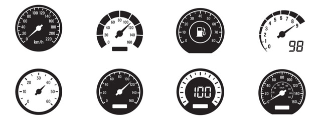 Speedometer icon set. Car speedometer and tachometer icon set. Dashboard gauge indicators. Auto dashboard panel with speed, fuel level, counter, and digital indicators. Vector illustration, vector gra © Jeremy_Show