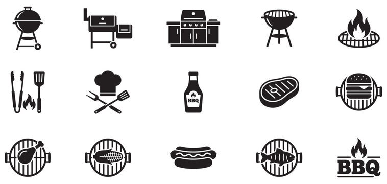 Barbecue and BBQ grill icon set. Picnic party symbol collection. Charcoal grill, steak, burger, hot dog and chef hat signs. Vector illustration. Vector Graphic. EPS 10