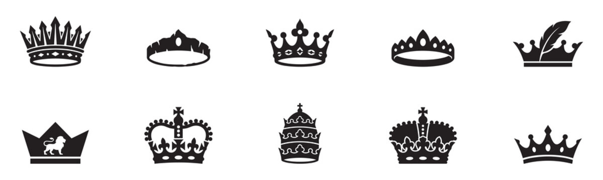 Royal crown icon set. King, queen and princess tiara symbol collection. Luxury monarch, emperor, pope and noble award signs. Vector illustration. Vector Graphic. EPS 10