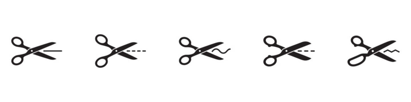 Scissors and cutting lines icon set. Tailor, barber and office tool symbol. Straight, dashed, wave and zigzag cut signs. Vector illustration. Vector Graphic. EPS 10