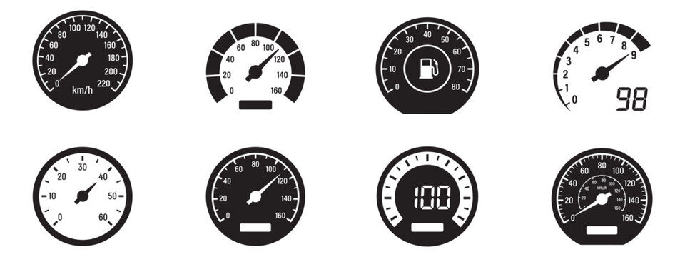 Speedometer icon set. Car speedometer and tachometer icon set. Dashboard gauge indicators. Auto dashboard panel with speed, fuel level, counter, and digital indicators. Vector illustration, vector gra