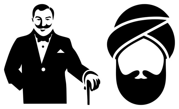 This duo features a dapper gentleman in a suit alongside a bearded man wearing a dastaar. These stylized figures represent classic elegance and cultural heritage through bold shapes.