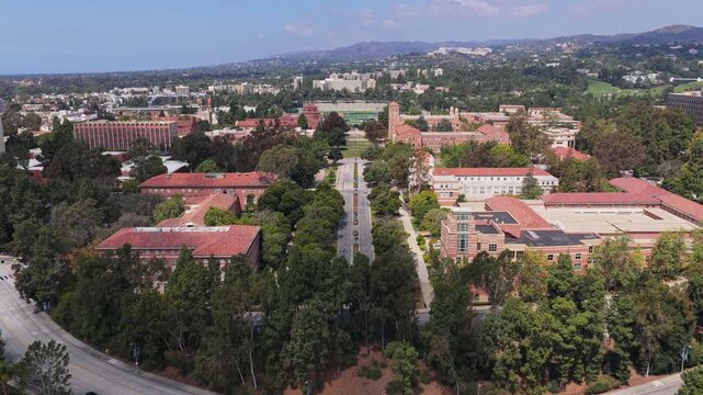 University of California Los Angeles campus showing Janss Steps, Royce Hall, Dickson Court with Westwood and Santa Monica Mountains in background
