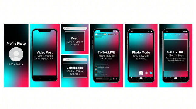TikTok UI mockup smartphone frame template set with video post layout, live stream interface, safe zone guide, profile photo and photo mode display. Social media mobile app screen design vector.