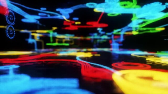 A hyper-realistic cgi abstract digital landscape with luminous neon blue, green, red, yellow patterns morphing, expanding, and rippling against a deep dark void, dolly-in video. Futuristic high-tech