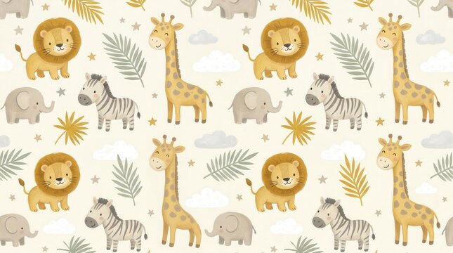 Adorable repeating pattern of baby safari animals like giraffes, lions, elephants, and zebras