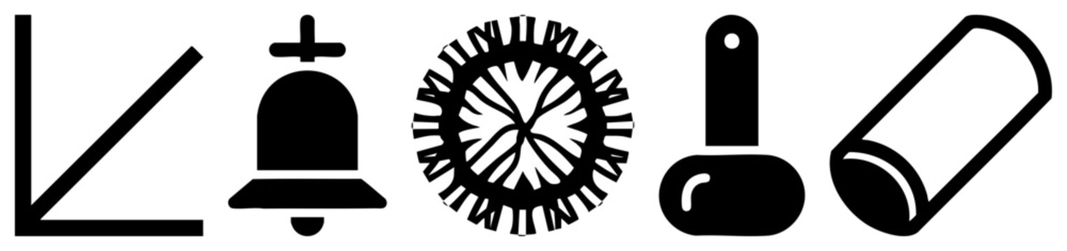 Set of stark black silhouettes featuring a bell, a sunburst, and a cylinder. This collection includes a simple graph, a ringing chime, and a circular mandala style emblem for versatile design.