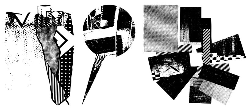 Edgy assemblage of shapes featuring a brutalist construct, mixed scrap, and deconstructed geometry. This gritty collage utilizes heavy halftone gradients and high contrast noir elements.