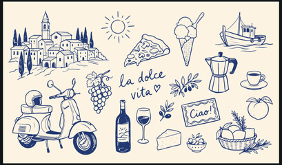 Hand drawn Italian lifestyle icons with food, culture, and la dolce vita charm © Abdul Waheed Studio