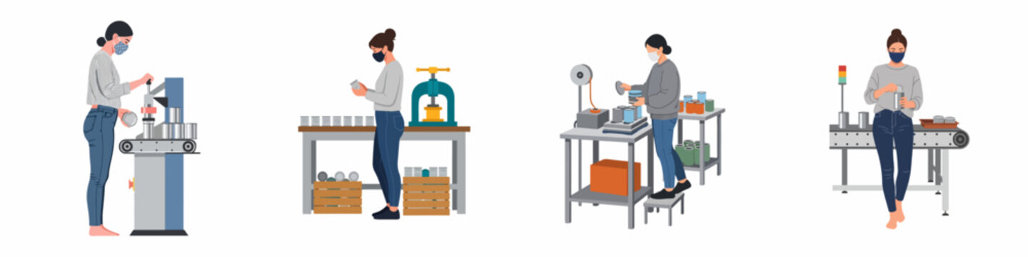 Female factory workers wearing protective masks operating canning production lines and packaging machinery in a food processing plant illustration.